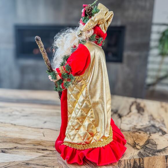 Curly Bearded Santa Claus in Red, Gold & Greenery Tree Top/Table Top Decor, 13”H - Picture 3 of 10